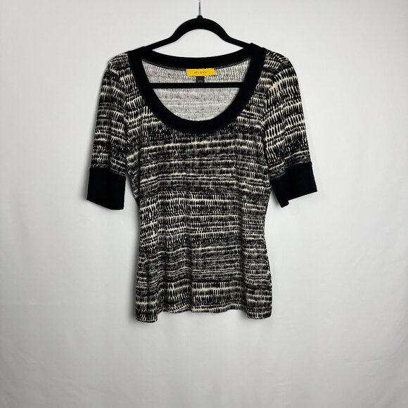 St John S Elbow 1/2 Sleeve Scoop Neck Black Cream White Pattern Shirt Top T Tee - Picture 1 of 8